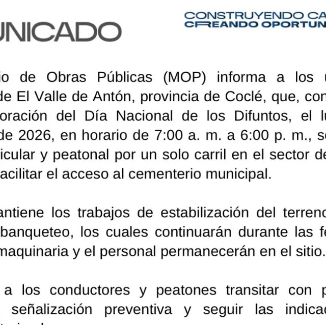 Publicación de Instagram de Ministerio de Obras Públicas