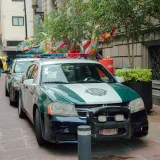 Police cars parked on a busy urban street with vibrant dragon decorations and people walking nearby.