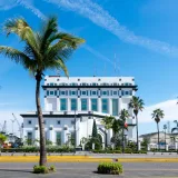 Una vista soleada de un edificio gubernamental con palmeras en Veracruz, México.