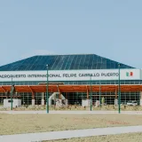 Daytime view of Felipe Carrillo Puerto International Airport in Mexico with clear blue sky.