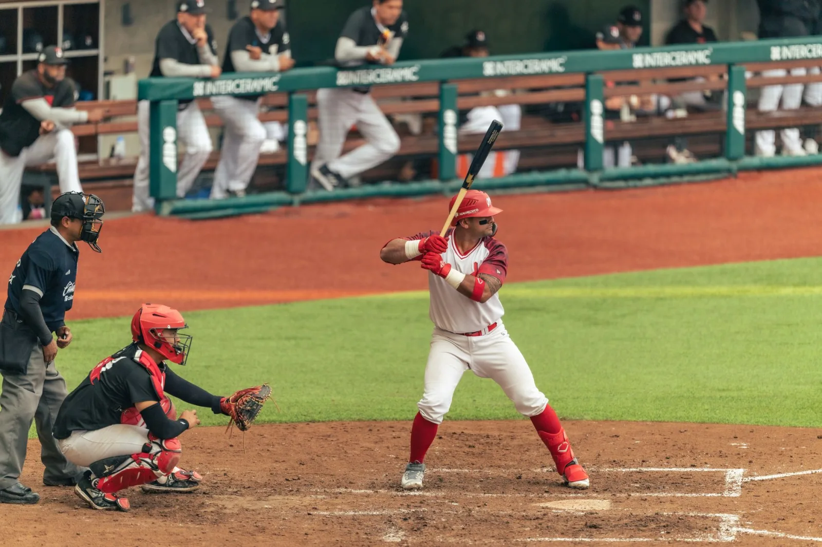 Jugador de béisbol preparado para batear durante un emocionante partido, con el receptor y el árbitro cerca.