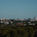 Una vista panorámica del paisaje urbano de Madrid, con un primer plano boscoso bajo un cielo despejado.