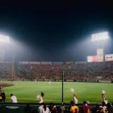 Emocionante partido de béisbol nocturno en el estadio Hanshin Koshien de Japón, con un público lleno de energía.