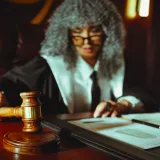 Juez en un tribunal, con documentos legales y un martillo de juez.