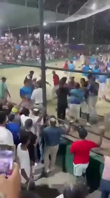 Jugadores y espectadores durante el altercado en el encuentro de béisbol