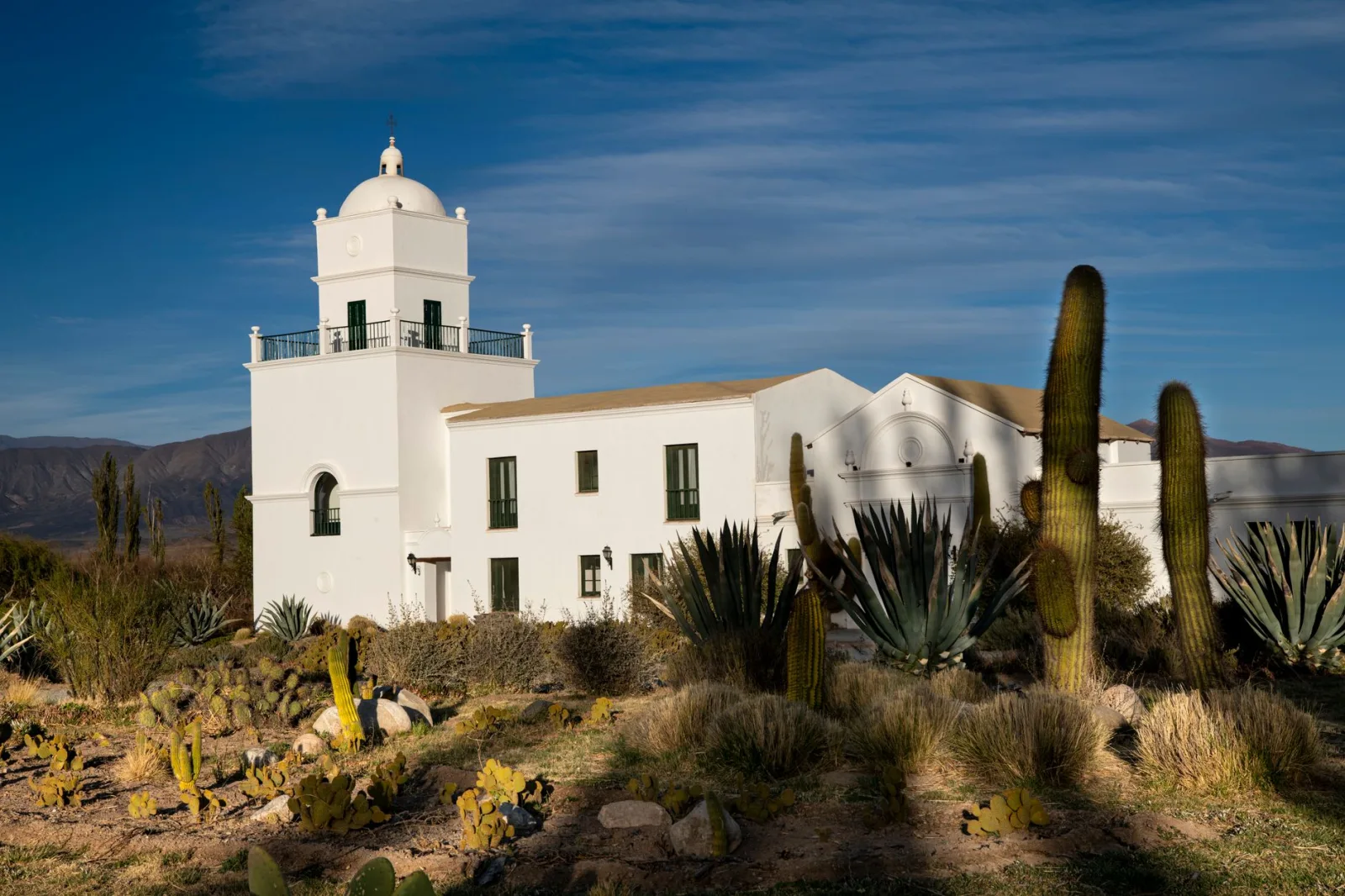Arquitectura colonial rodeada de cactus en Salta, Argentina, bajo un vibrante cielo azul.