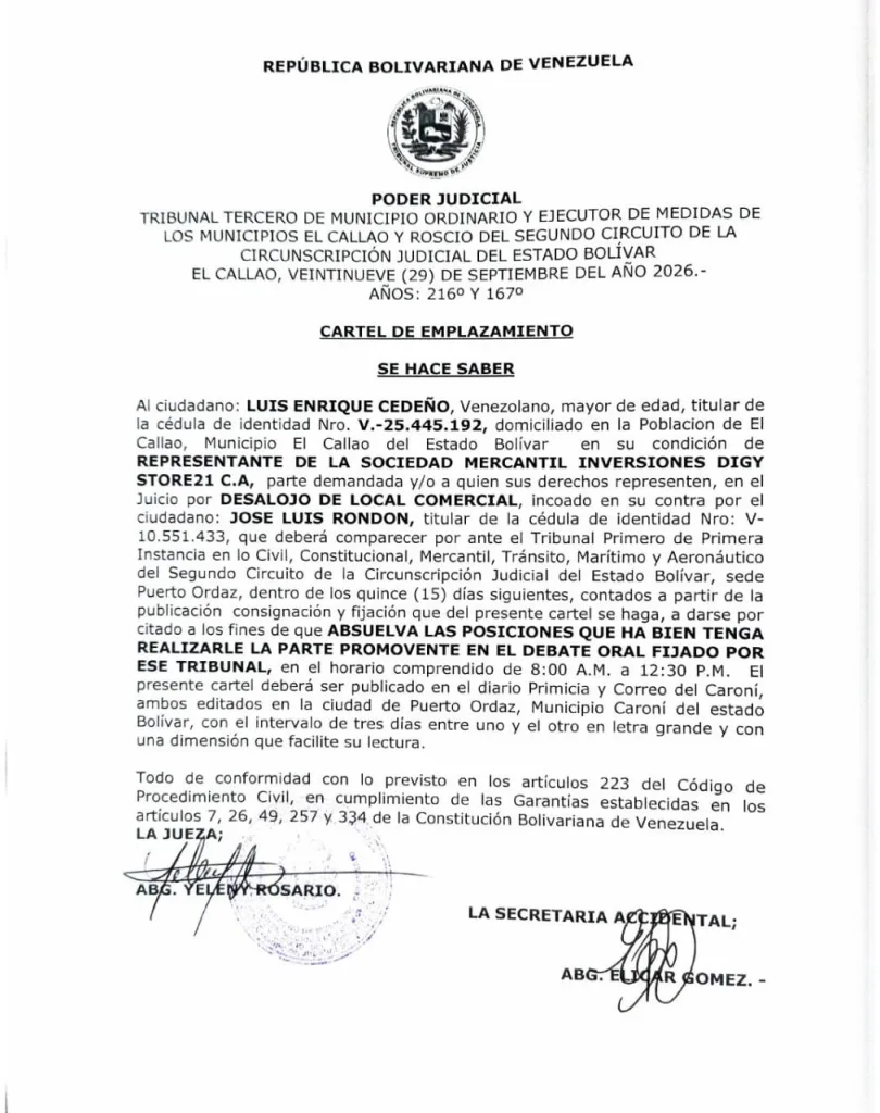 Tribunal emite cartel de emplazamiento por desalojo en El Callao
