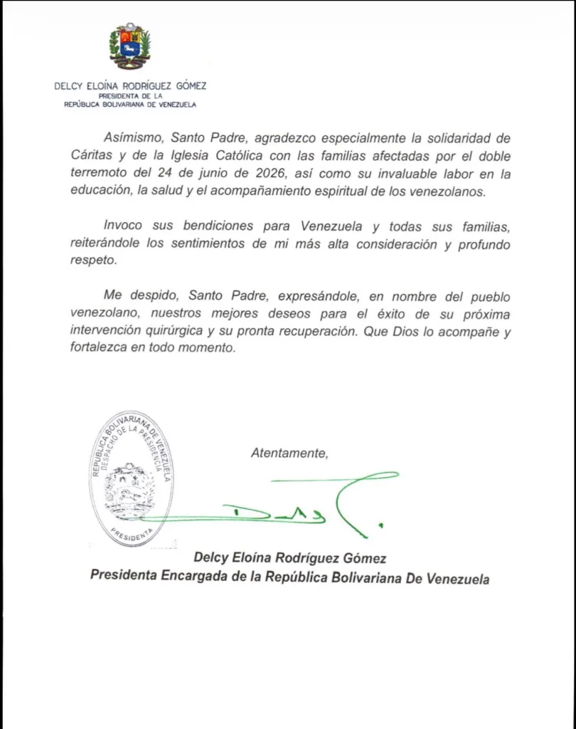 Delcy Rodríguez pide al papa la canonización de Madre María de San