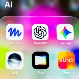 Primer plano colorido de iconos de aplicaciones de IA en la pantalla de un teléfono inteligente, entre ellos Muse, ChatGPT, Gemini, Siri, Flow y Suno.
