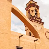 Vertical shot of San Bernardino de Siena Church's distinctive bell tower in Xochimilco.