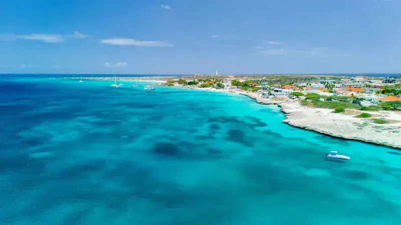 A breathtaking aerial view of Aruba's coastline featuring turquoise waters and a clear blue sky.
