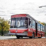 Autobús escolar vintage rojo estacionado en una calle de Buenos Aires en un otoño soleado.