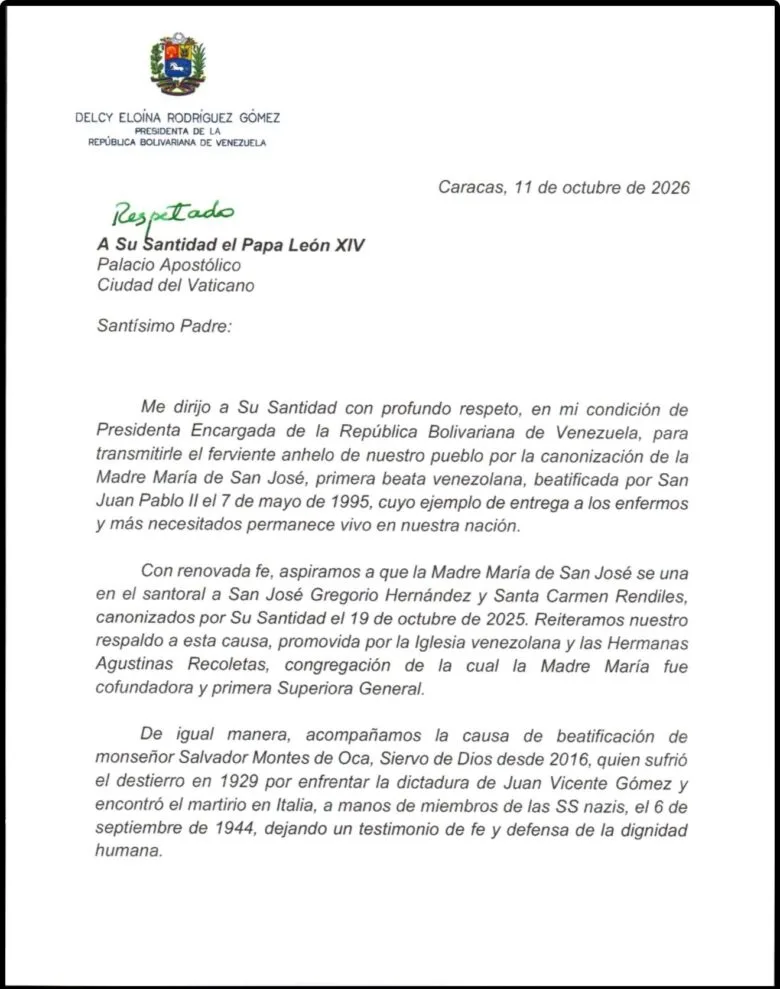 Delcy Rodríguez pide al papa la canonización de Madre María de San