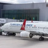 Turkish Airlines plane preparing for departure at Istanbul Airport, parked at a terminal gate.