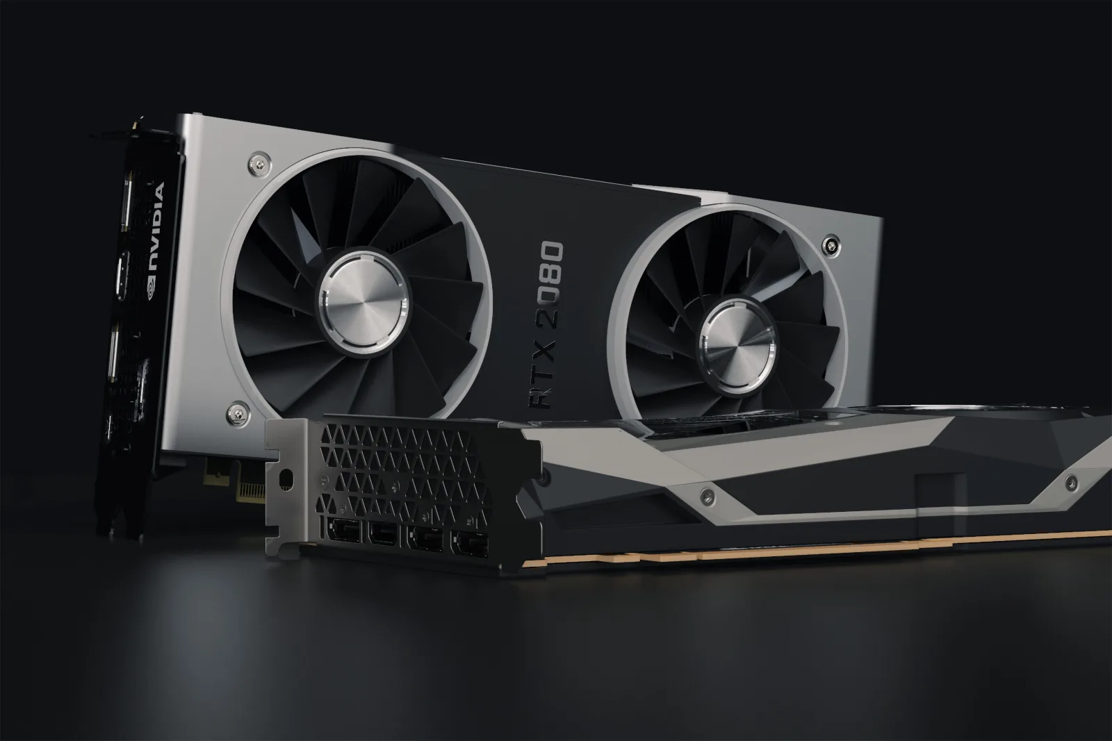 Imagen detallada en primer plano de una tarjeta gráfica NVIDIA RTX 2080 que muestra sus componentes de hardware.