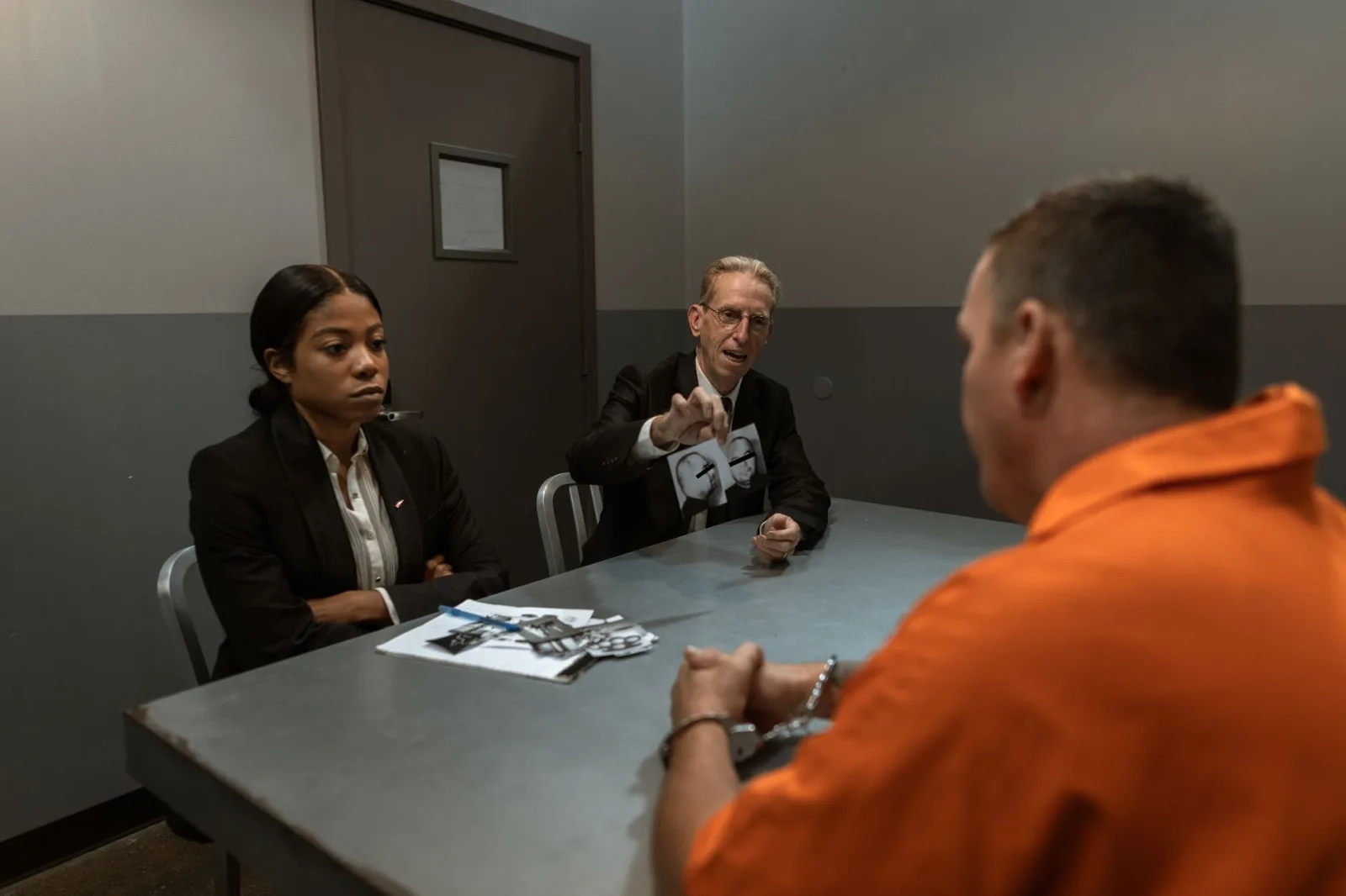 Un sospechoso con un mono naranja es interrogado por detectives en una habitación con poca luz.