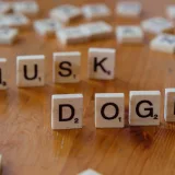 Fichas de Scrabble formando las palabras 'DOGE' y 'MUSK' sobre una mesa de madera, destacando la cultura de internet y las criptomonedas.