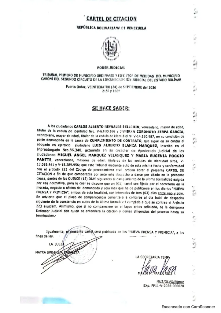 Tribunal de Caroní cita a dos demandados por incumplir contrato