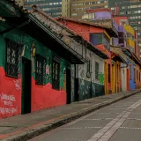 Vibrant, traditional Bogotán street scene in Candelaria district, Colombia.