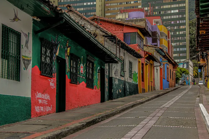 Vibrant, traditional Bogotán street scene in Candelaria district, Colombia.