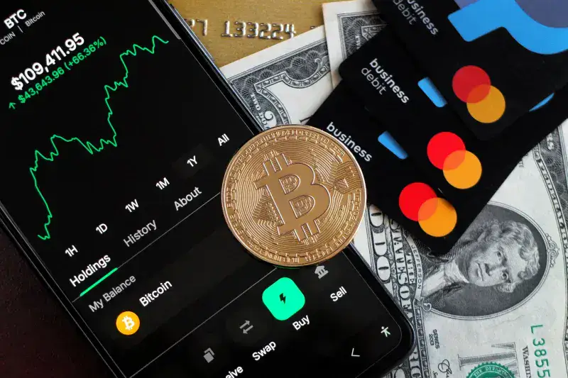 A visual representation of Bitcoin trading and financial transactions with credit cards and cash.