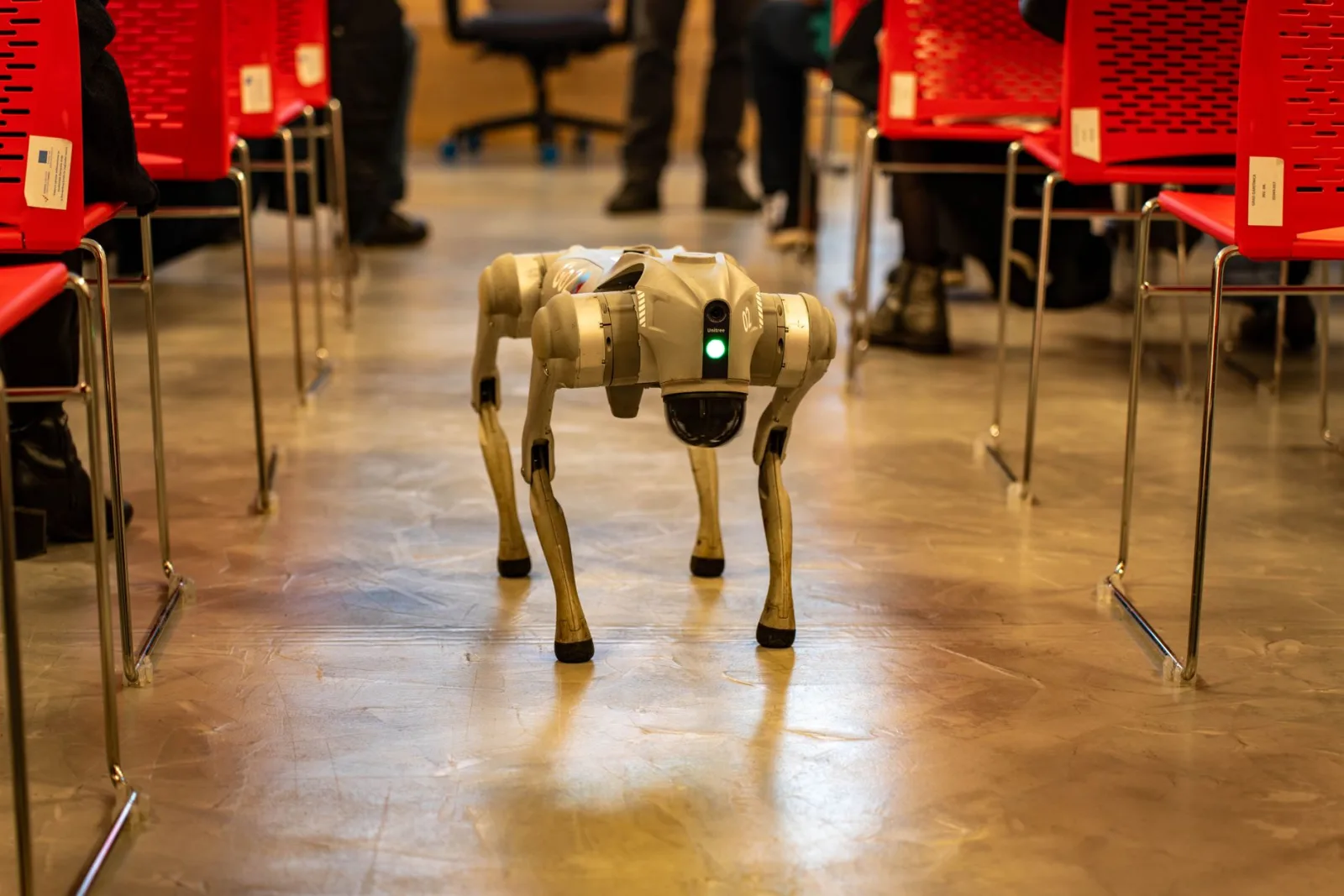 Un perro robótico se desplaza por un espacio interior rodeado de sillas rojas, mostrando la tecnología en entornos modernos.