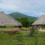 Explore a traditional indigenous village with thatched roofs in Pueblo Bello, surrounded by lush greenery and mountains.