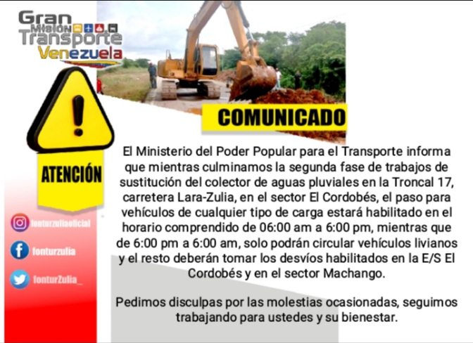 
				Restringen paso en tramo de la carretera Lara Zulia por segunda fase de sustitución de colector			