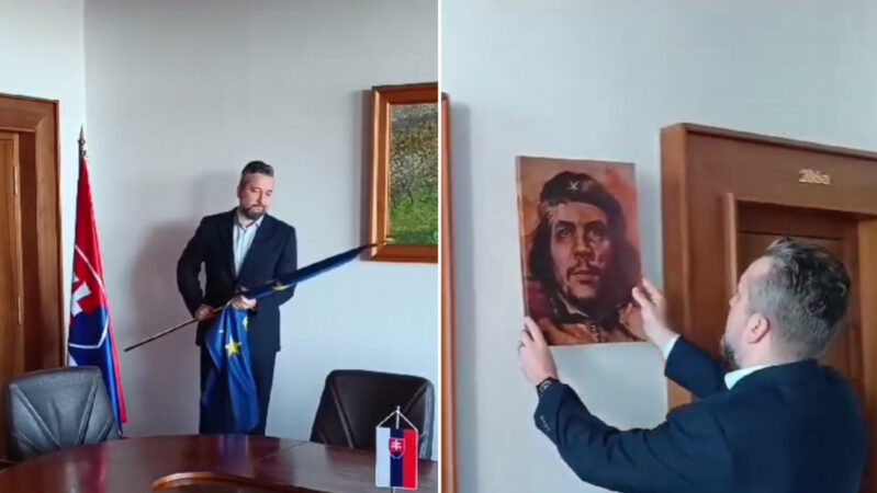
			VIDEO: Un político cambia la bandera de la UE por la de su país y el retrato de la presidenta por el del Che Guevara		
