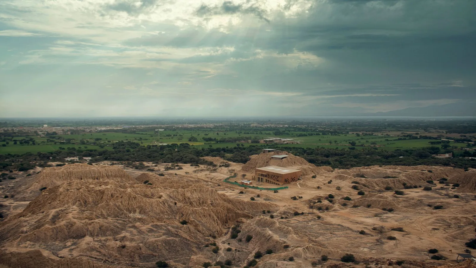 A breathtaking aerial view of the ancient ruins at Túcume Archaeological Site, Peru.