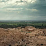A breathtaking aerial view of the ancient ruins at Túcume Archaeological Site, Peru.