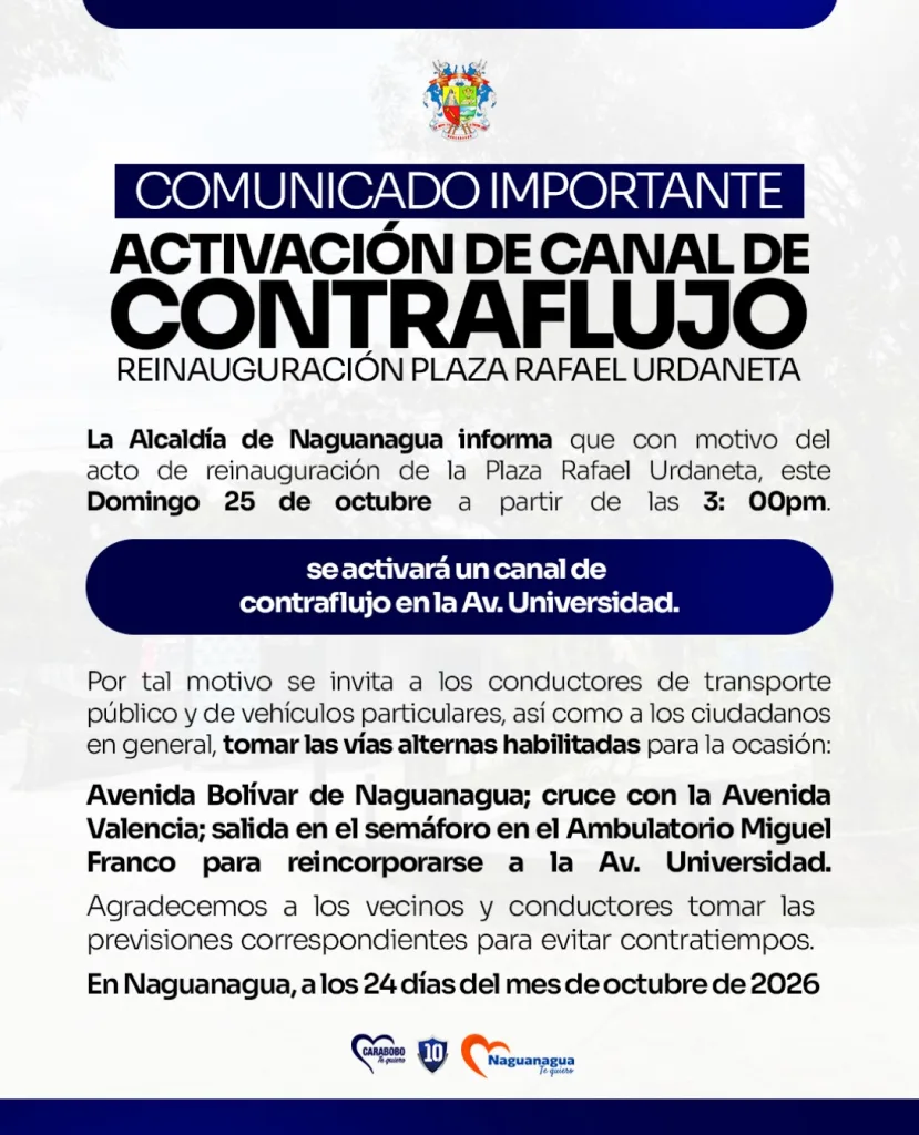 Activan contraflujo en Naguanagua por reinauguración de plaza