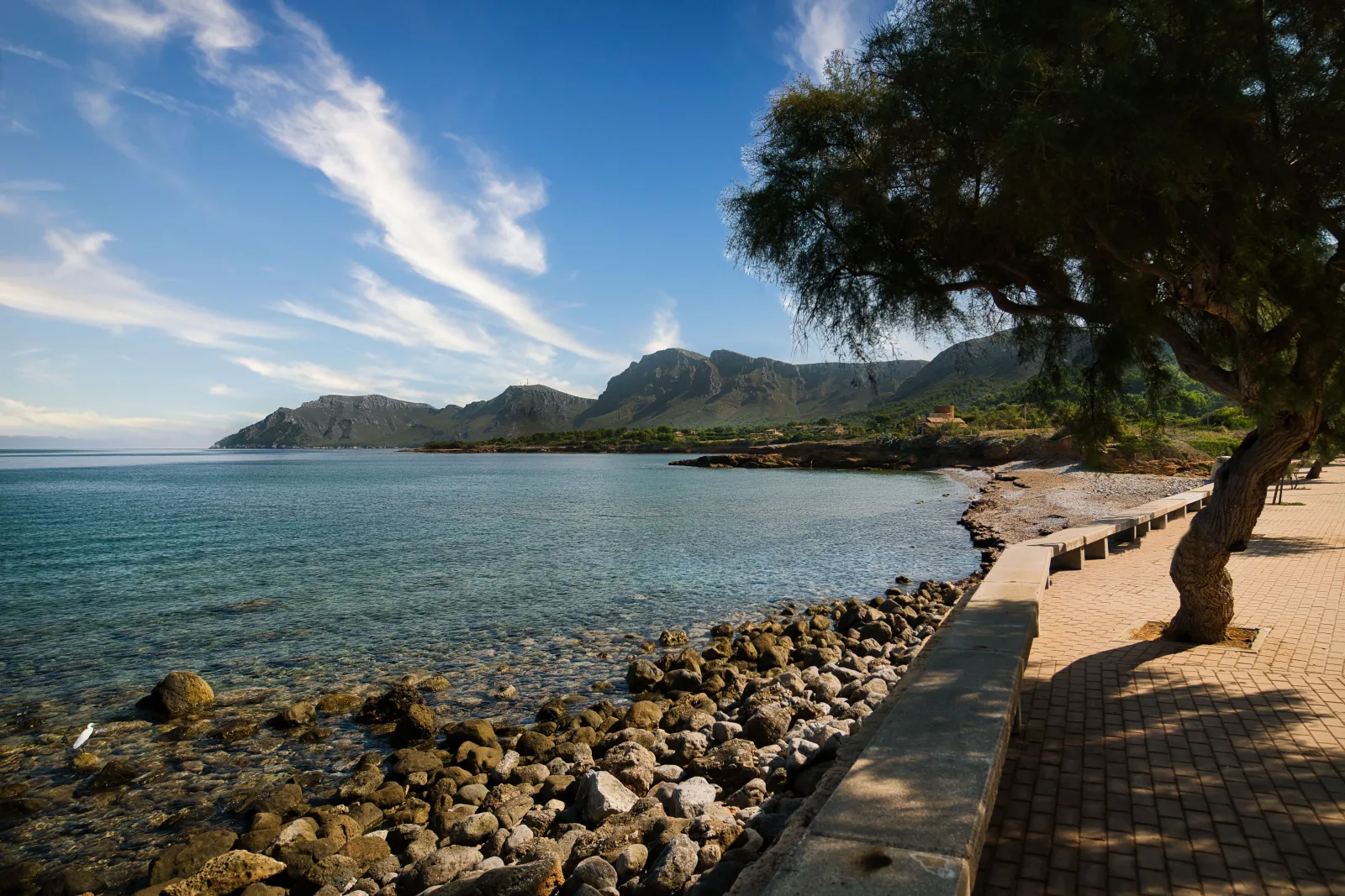 Beautiful coastal view from the promenade in Colonia de Sant Pere, Majorca, Spain.