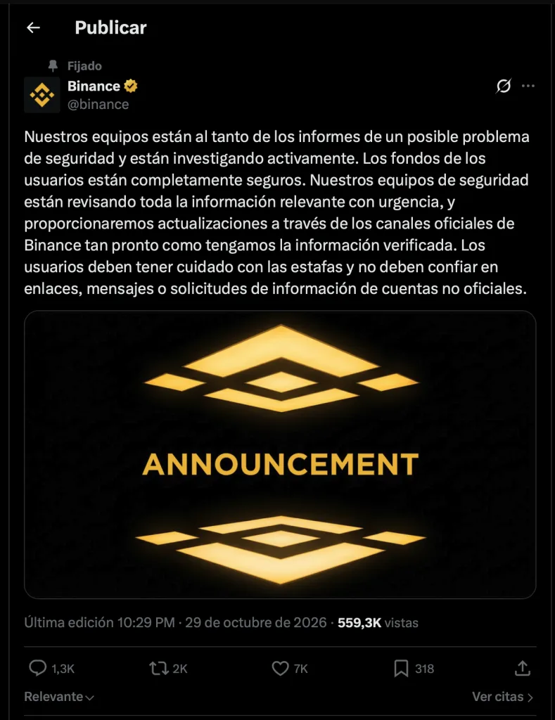 Binance investiga retiros por más de 2.000 millones de dólares