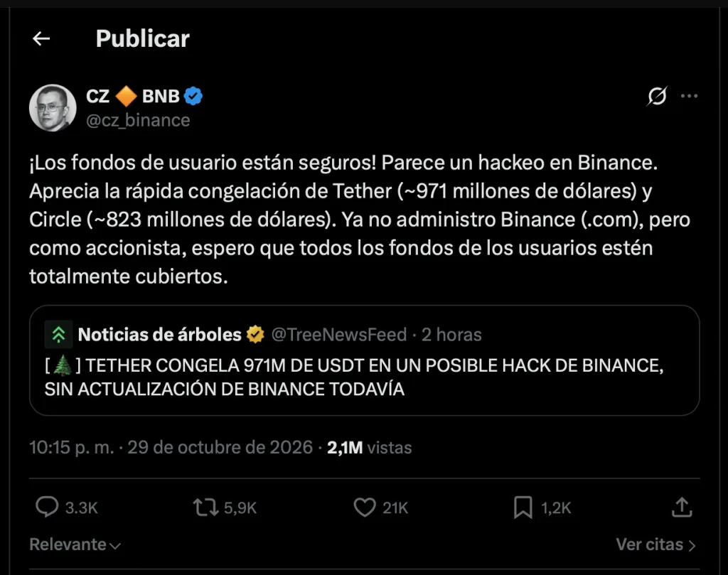Binance investiga retiros por más de 2.000 millones de dólares