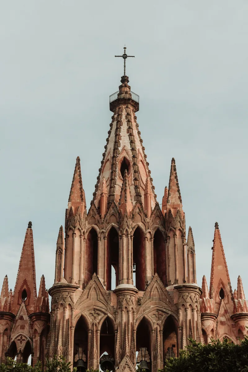 Majestic Gothic architecture of San Miguel Arcángel, a historic landmark in San Miguel de Allende, Mexico.