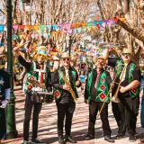 Vibrante banda de calle actuando con trajes festivos durante un festival al aire libre en un día soleado.