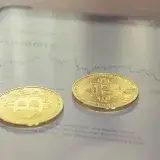 Primer plano de dos monedas doradas de Bitcoin sobre la pantalla de una tableta que muestra datos financieros.