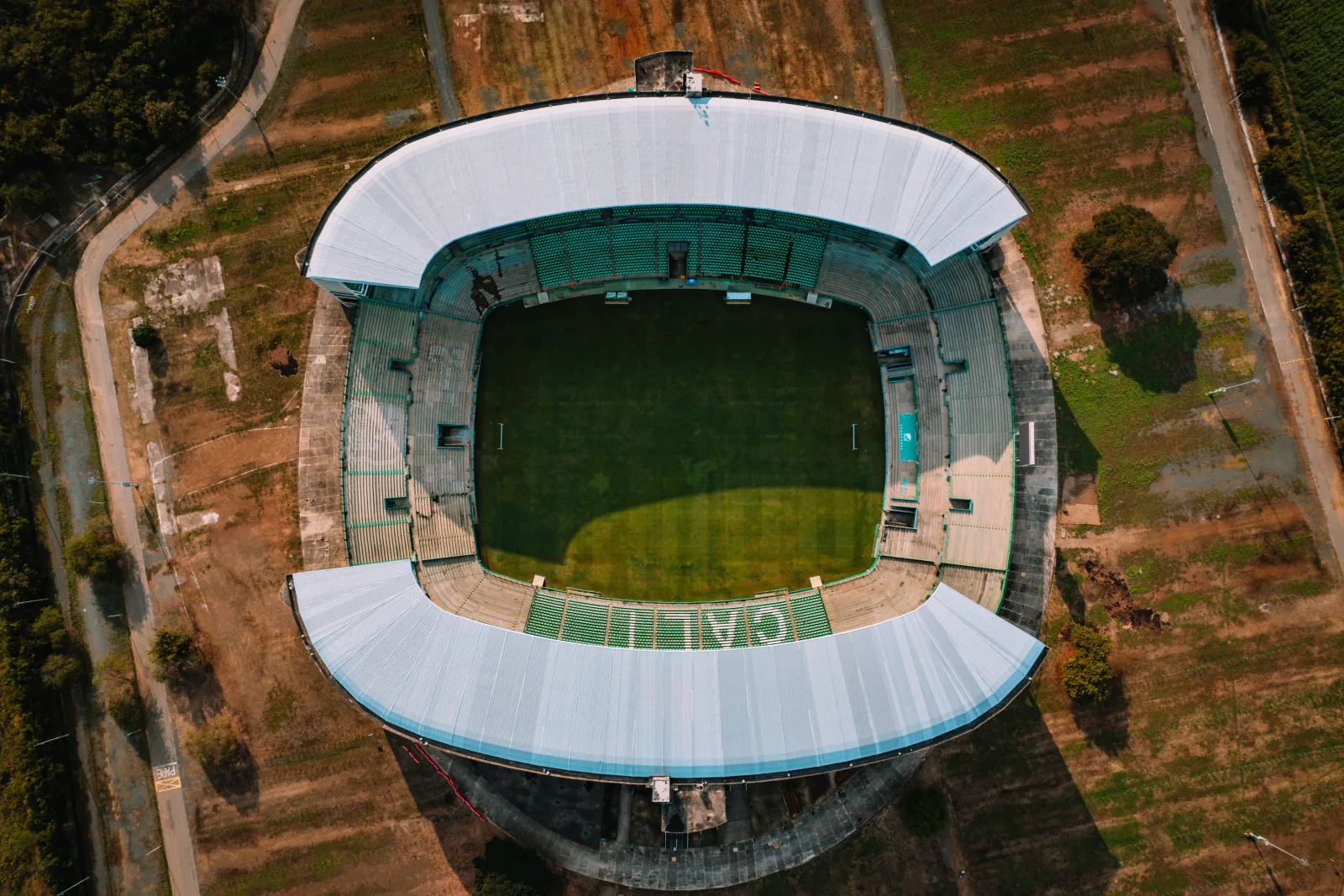 Stunning aerial photo of Palmaseca Stadium, Valle del Cauca, Colombia, showcasing its architecture.