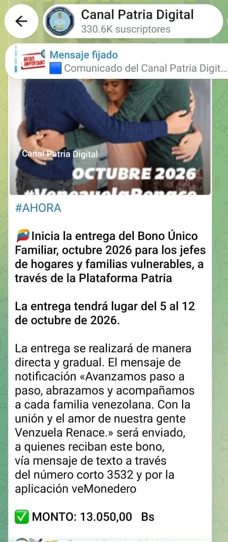 Bono Único Familiar sube a Bs. 13.050 y se paga hasta el 12