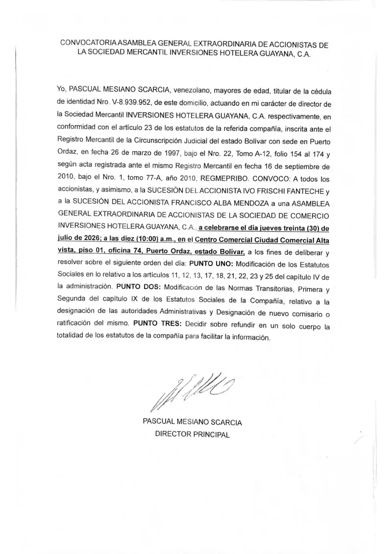 Asamblea extraordinaria de Inversiones Hotelera Guayana
