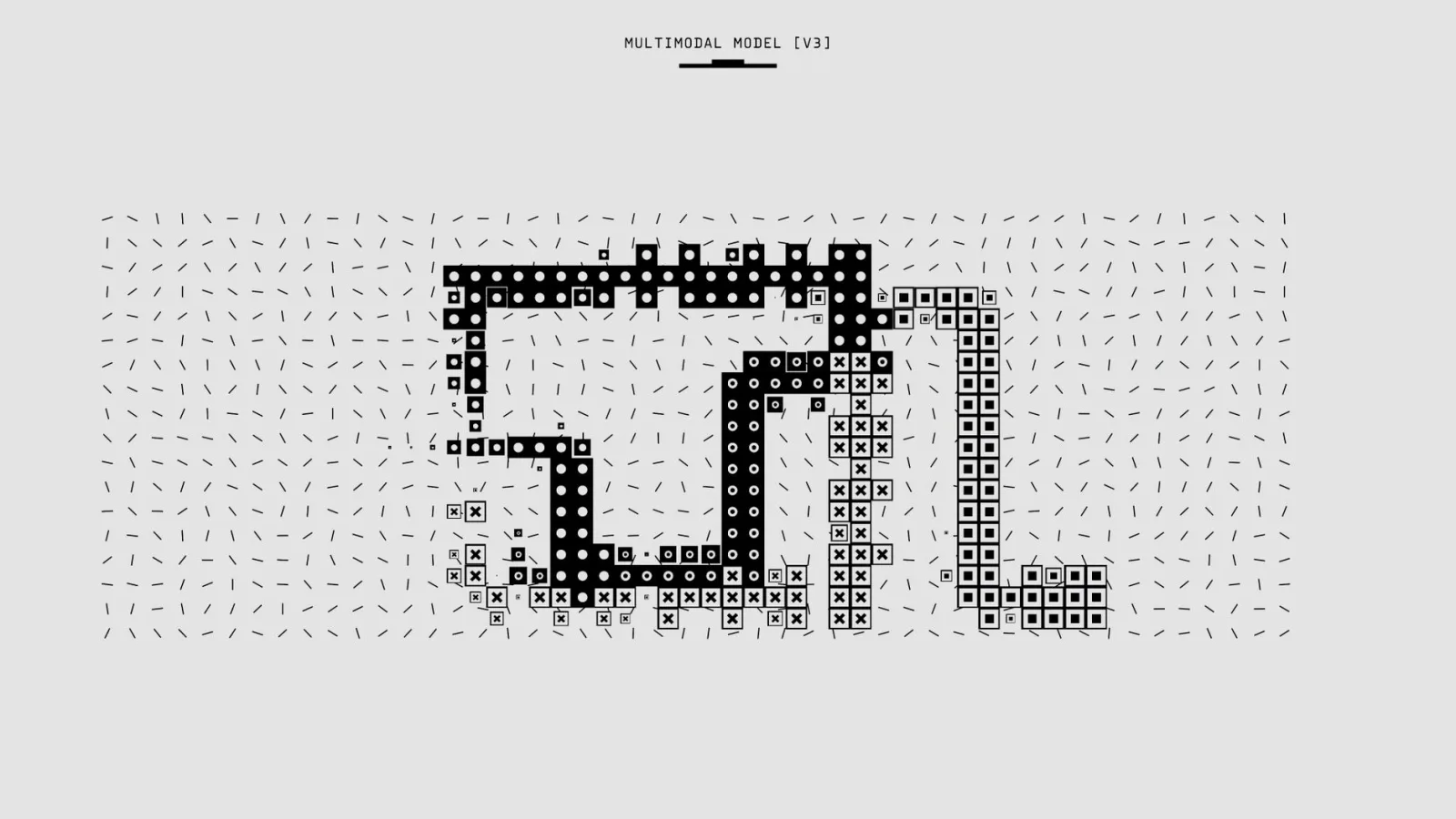 Representación abstracta de un modelo multimodal con patrones y símbolos vectorizados en monocromo.