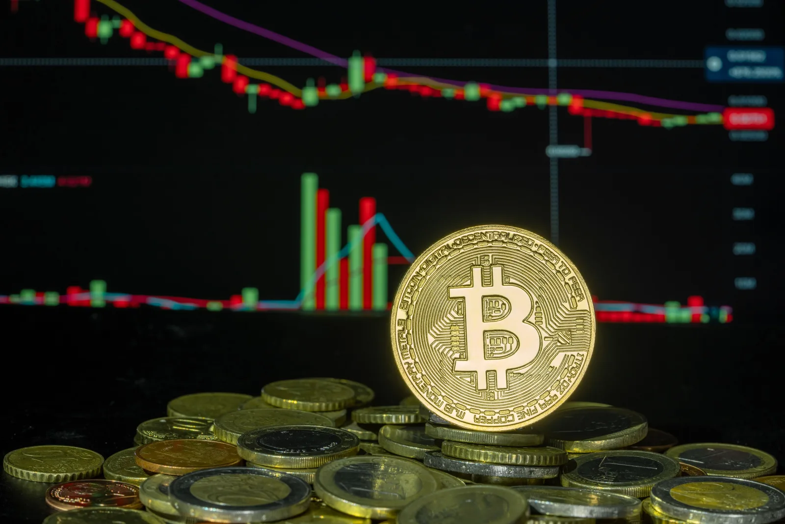 Moneda Bitcoin entre monedas apiladas sobre un fondo de un gráfico de mercado financiero fluctuante.