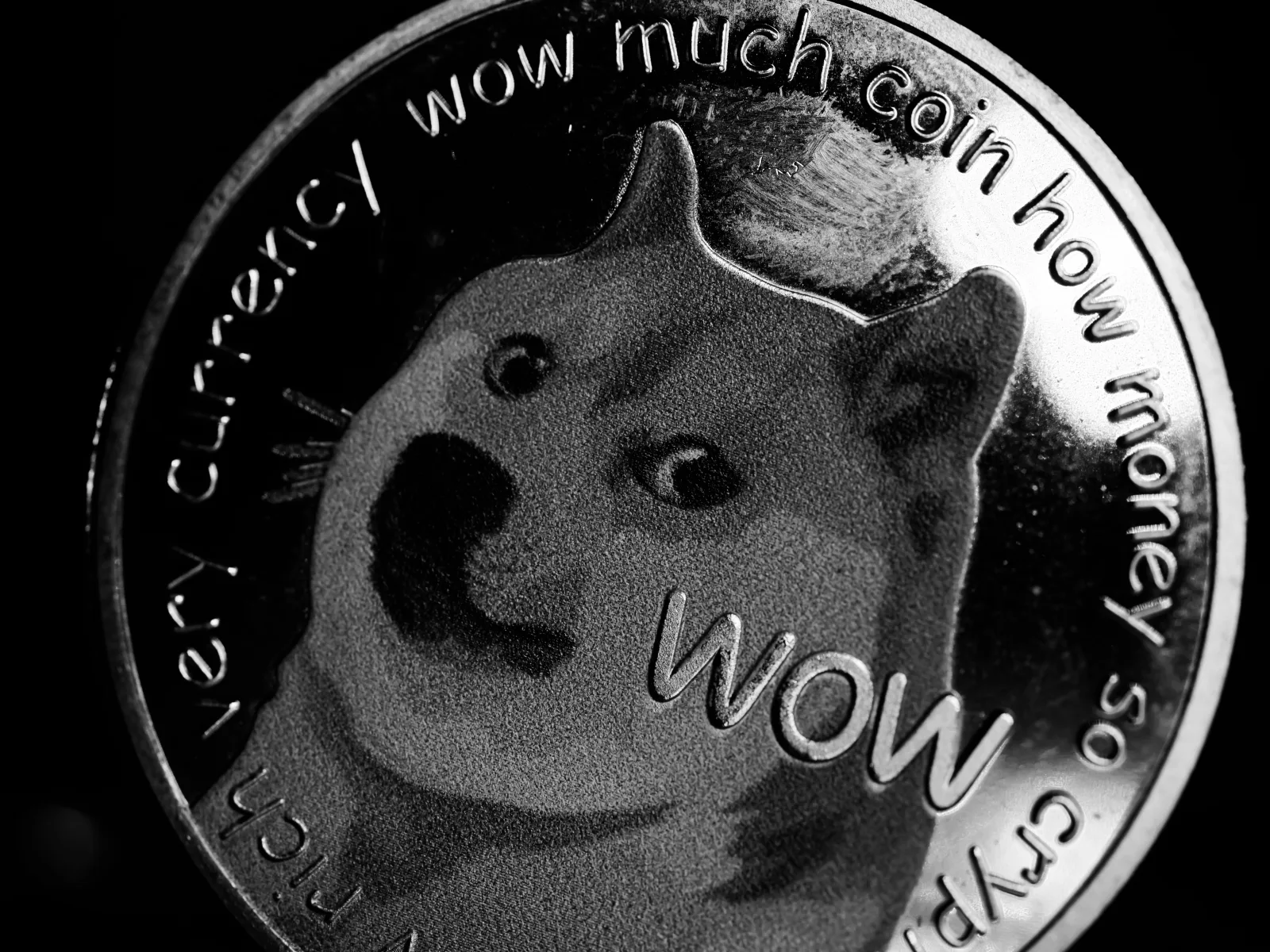 Primer plano monocromo de un Dogecoin con el icónico diseño de Shiba Inu.