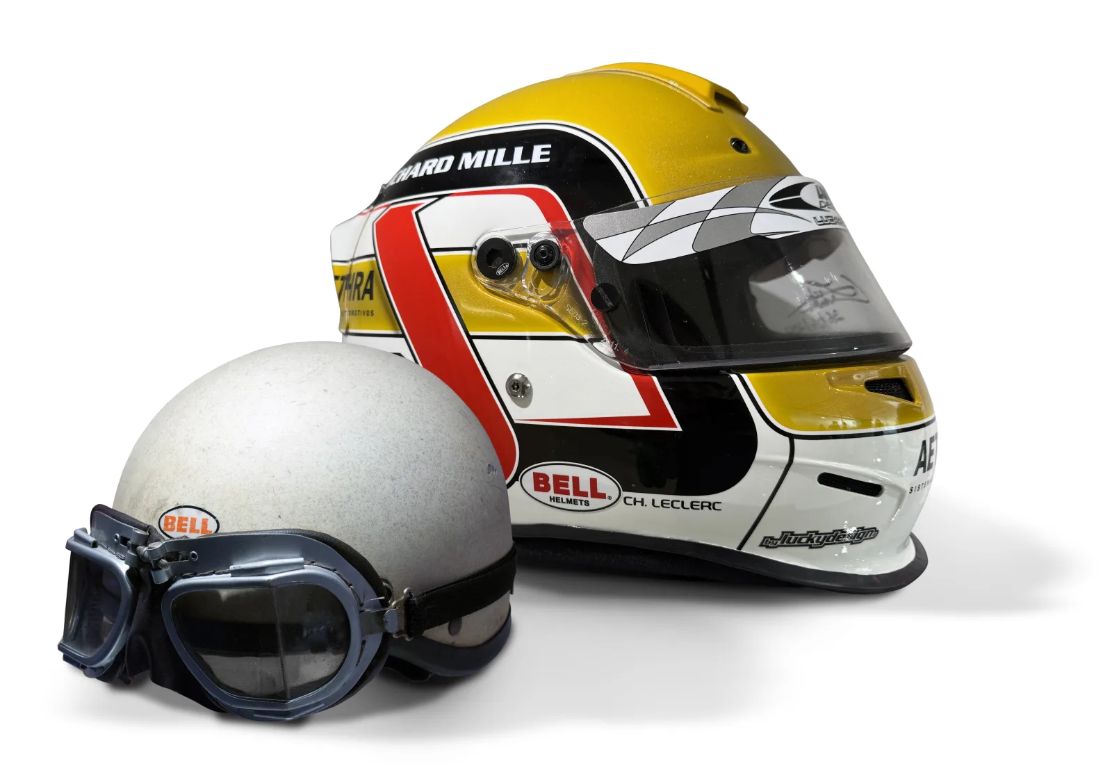 Composición de los cascos de Phil Hill y Charles Leclerc