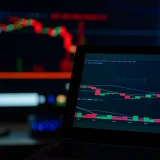 Un escritorio con poca iluminación muestra gráficos de criptomonedas en varias pantallas.