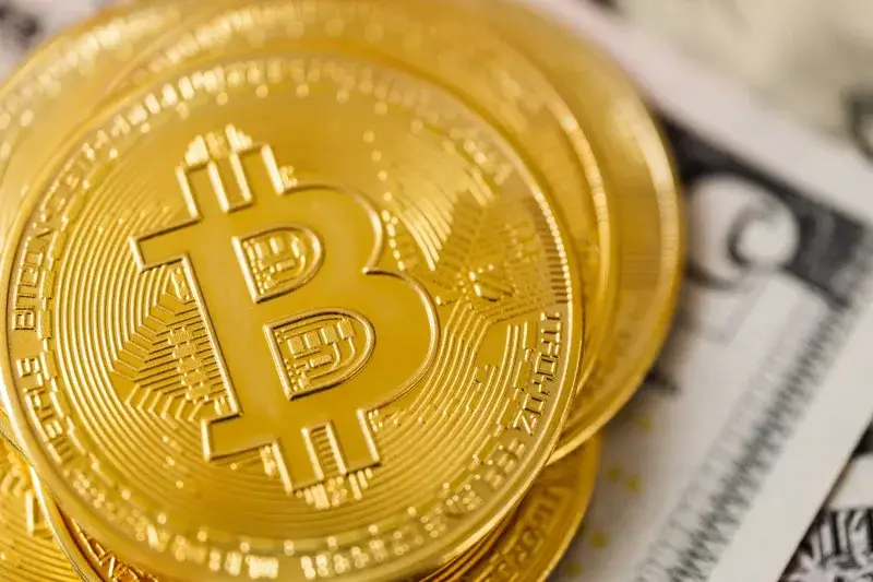 Detailed macro shot of stacked bitcoins on a US dollar bill, symbolizing digital and traditional currency convergence.