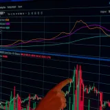 A hand points to a dynamic cryptocurrency market chart displayed on a screen, showcasing financial trends.