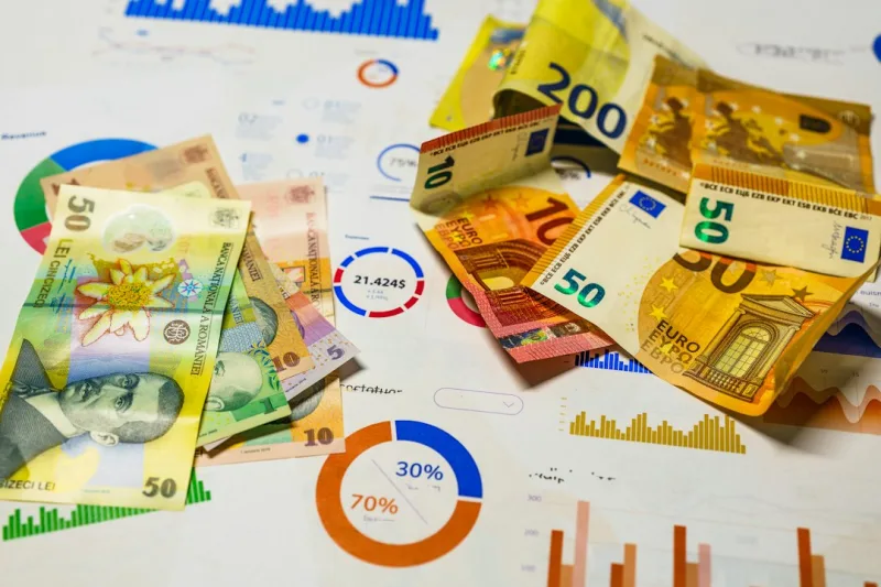 Economy market euro cash exchange Romanian currency lei. Financial charts business analytics.