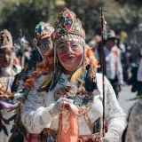 Colorful traditional dance at the Virgen del Carmen festival in Cusco, Peru.